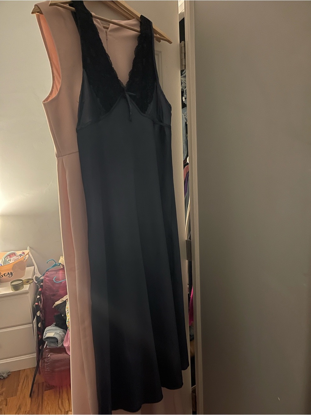 Satin Lace-Trim Slip Dress in Black/Dark blue